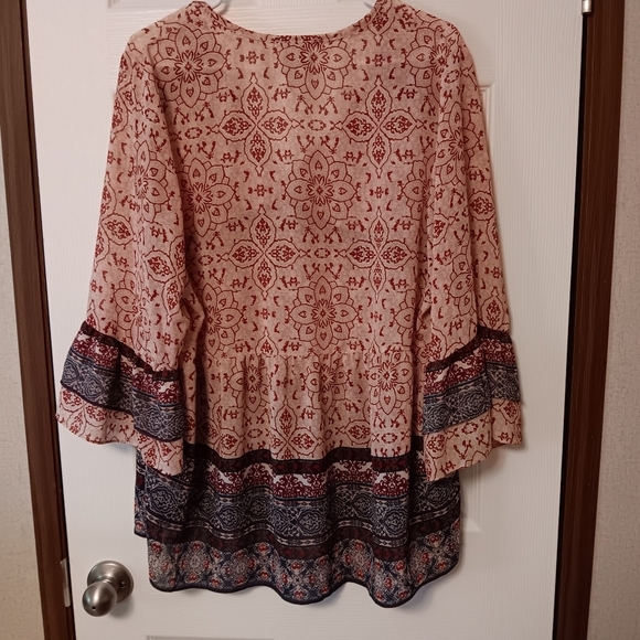 Knox Rose Burgundy Mix Boho Print Semi Sheer Ruffled 3/4 Sleeve & Tiered Hem XXL - Picture 8 of 8